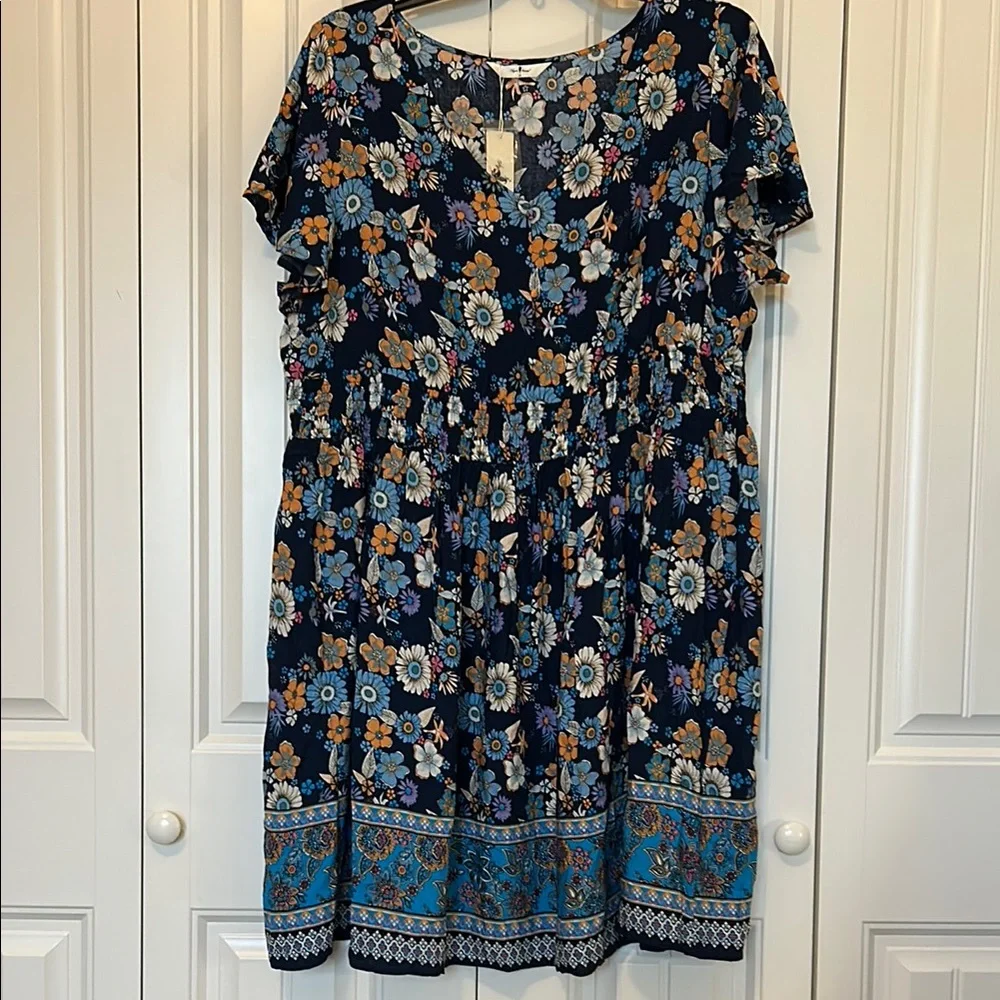 Floral Midi Dress in Blue and Orange - Picture 1 of 7